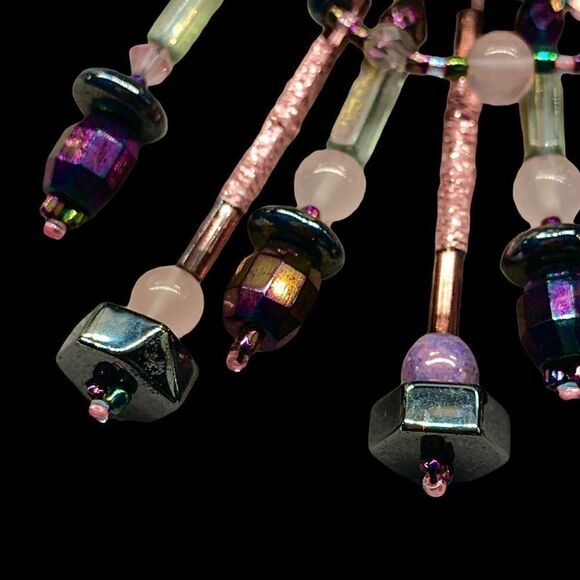 Hand beaded hematite-pink -opalescent artisan fiber wrapped chandelier earrings - Picture 6 of 11